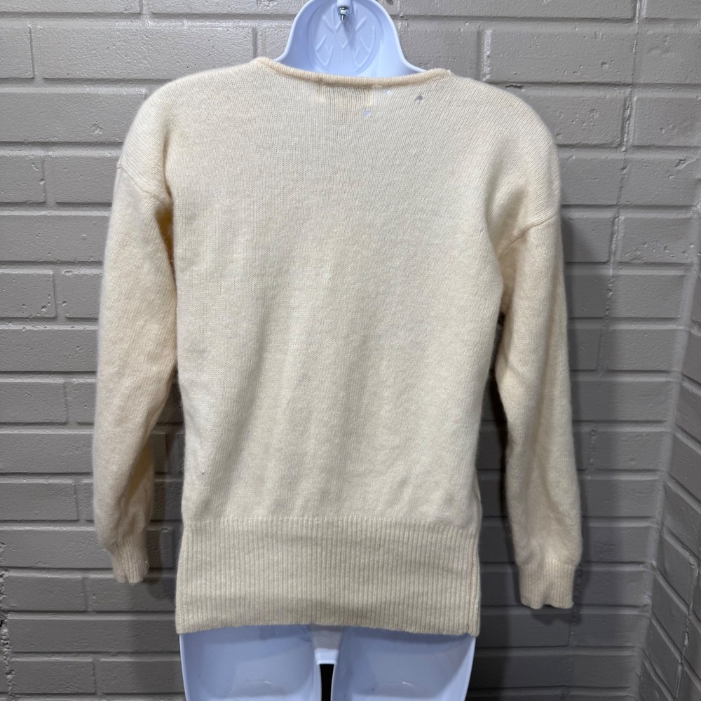 Vintage Angora Lambswool Satin Rosette Sweater Cream Distressed‎ Medium Holes - Picture 3 of 12